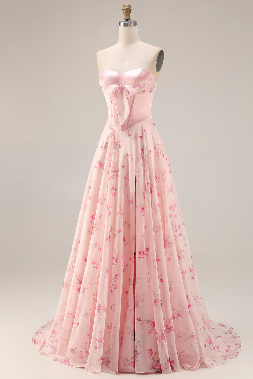 Yellow Blue Floral Strapless Corset A Line Prom Dress - Image 9