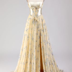 Yellow Blue Floral Strapless Corset A Line Prom Dress