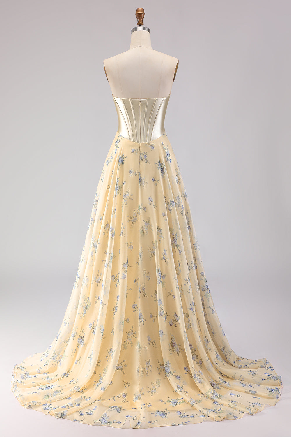 Yellow Blue Floral Strapless Corset A Line Prom Dress - Image 2