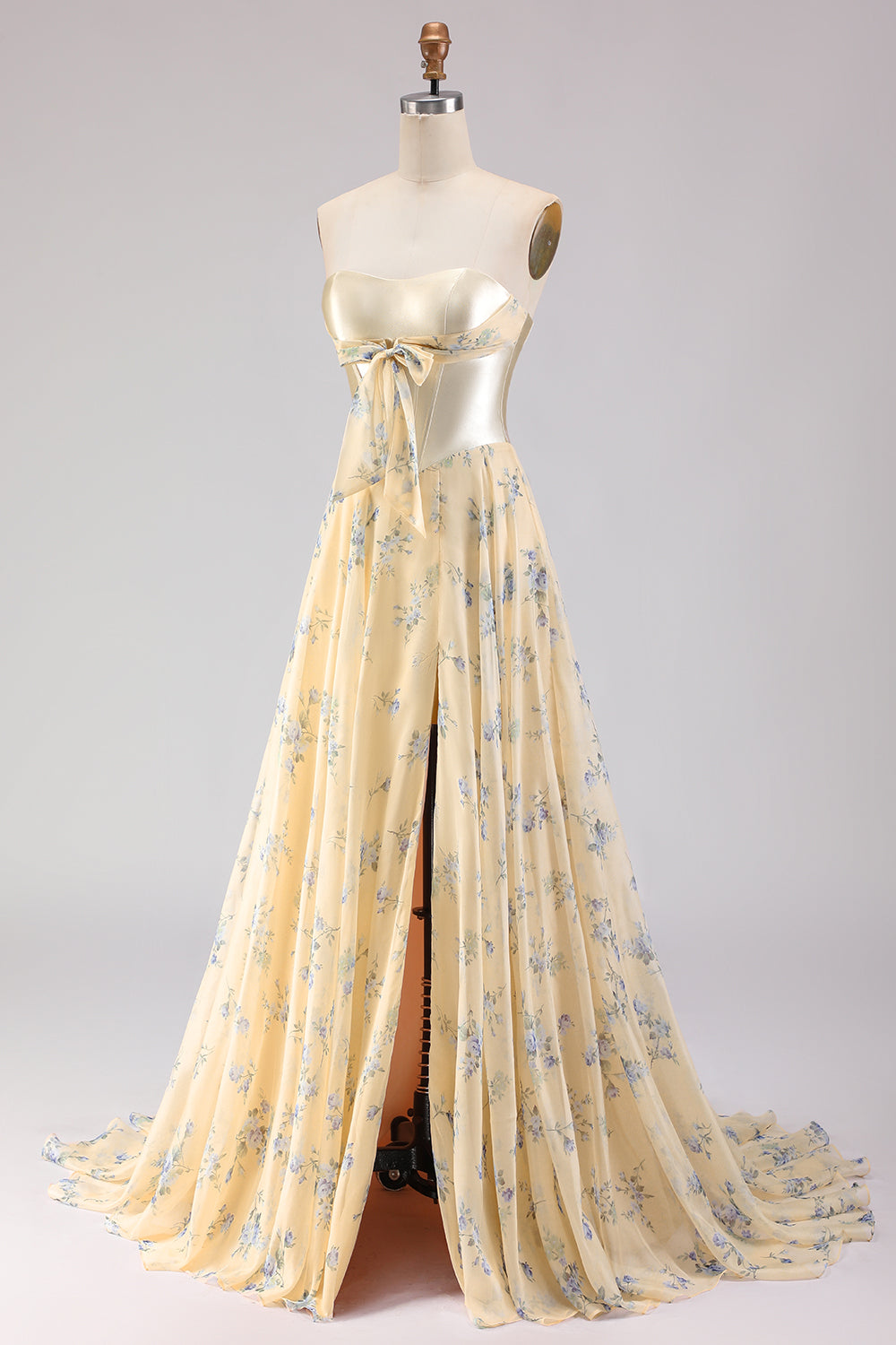 Yellow Blue Floral Strapless Corset A Line Prom Dress - Image 3