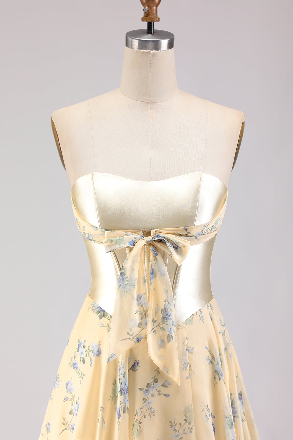 Yellow Blue Floral Strapless Corset A Line Prom Dress - Image 4
