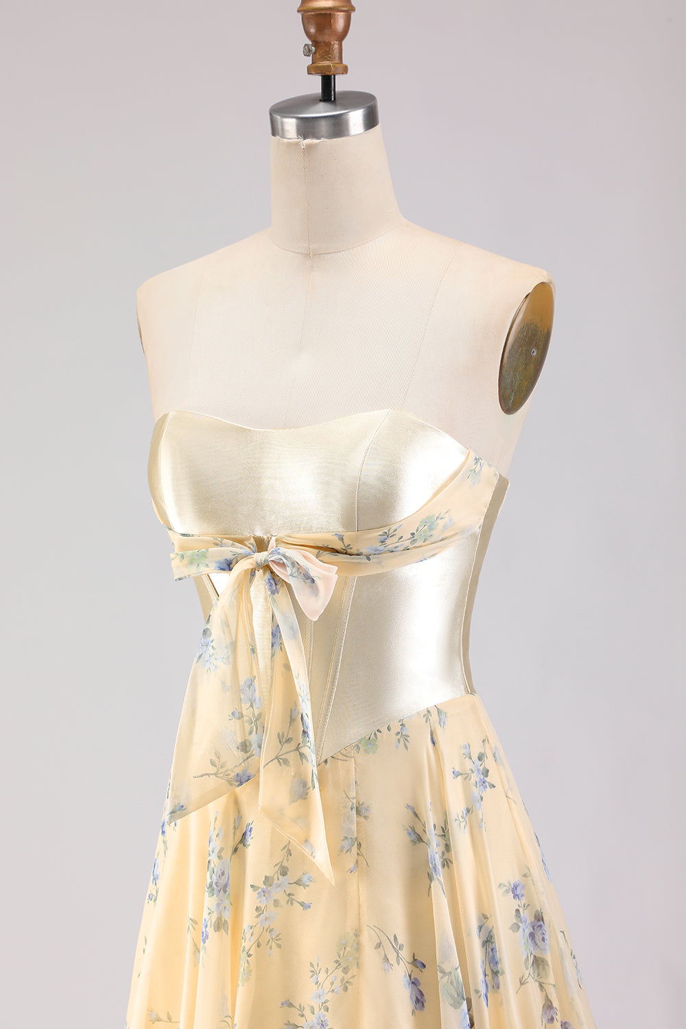 Yellow Blue Floral Strapless Corset A Line Prom Dress - Image 6