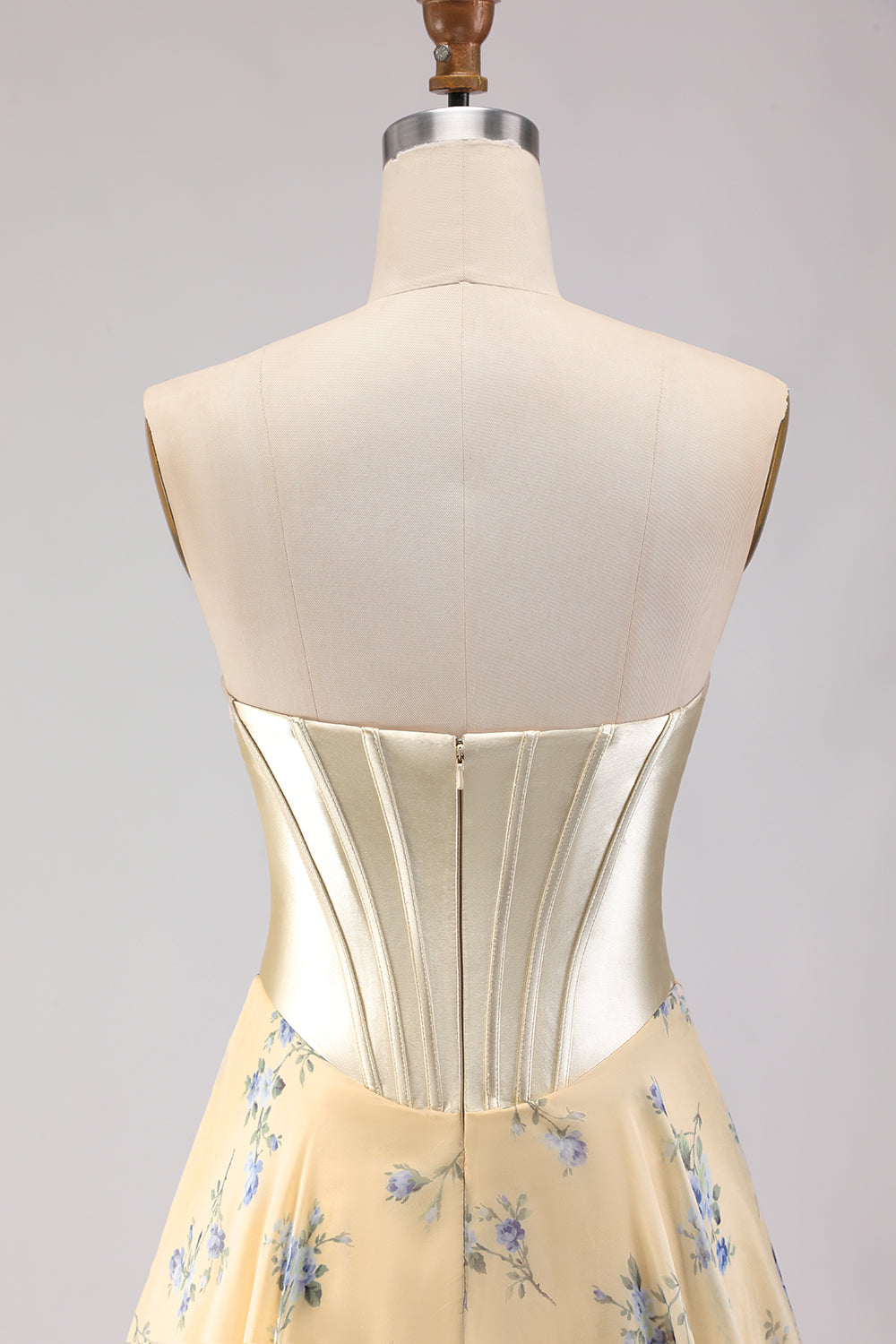 Yellow Blue Floral Strapless Corset A Line Prom Dress - Image 5