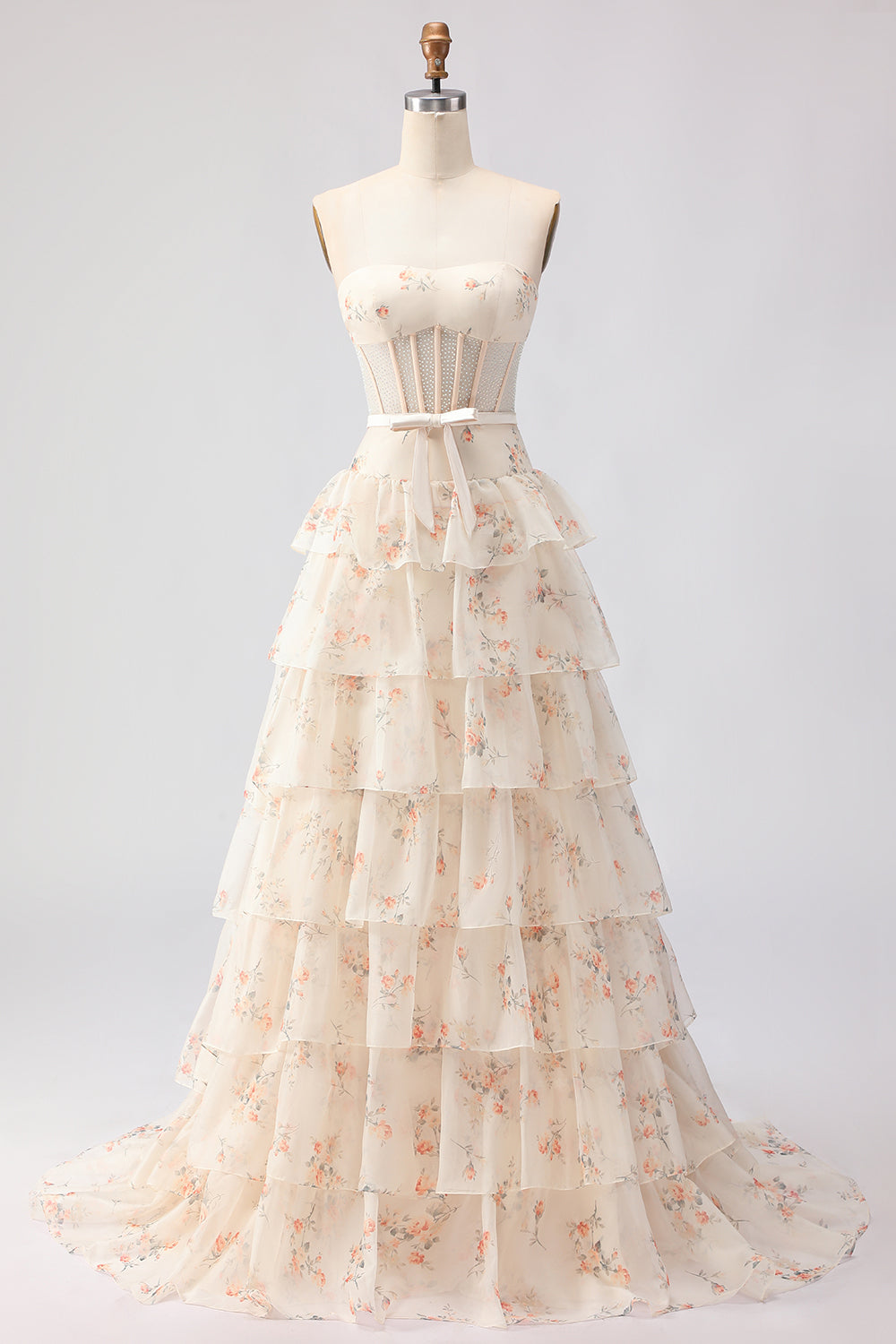 Yellow Blue Floral Strapless Corset A Line Prom Dress - Image 9
