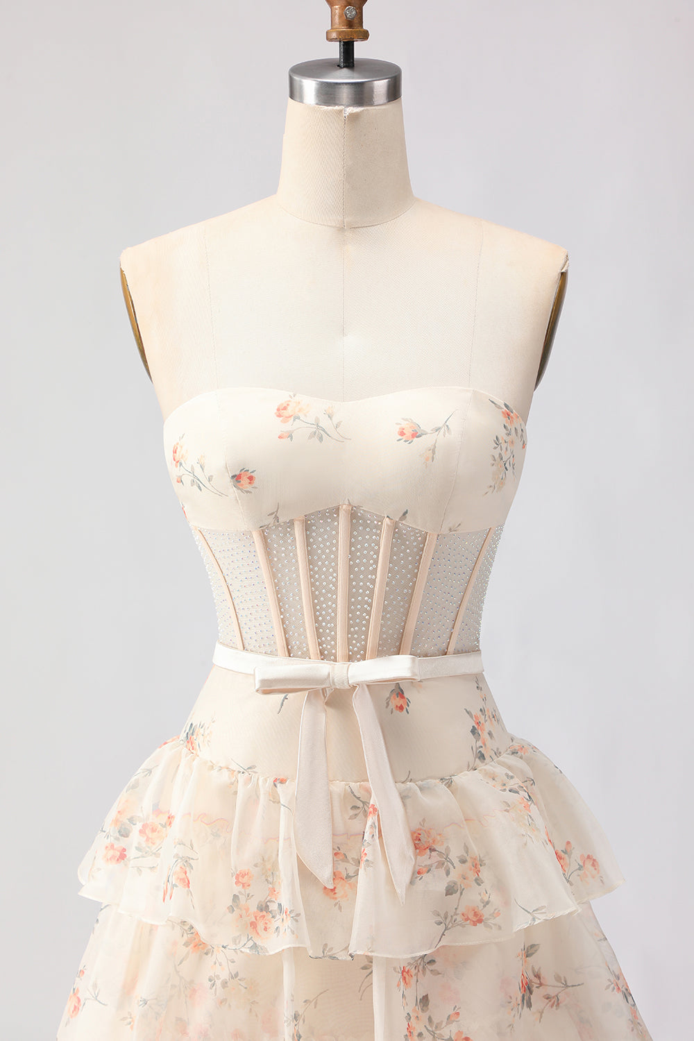Yellow Blue Floral Strapless Corset A Line Prom Dress - Image 14