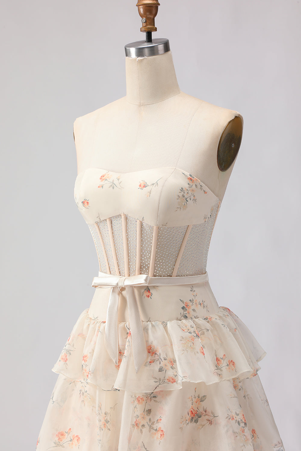 Yellow Blue Floral Strapless Corset A Line Prom Dress - Image 16