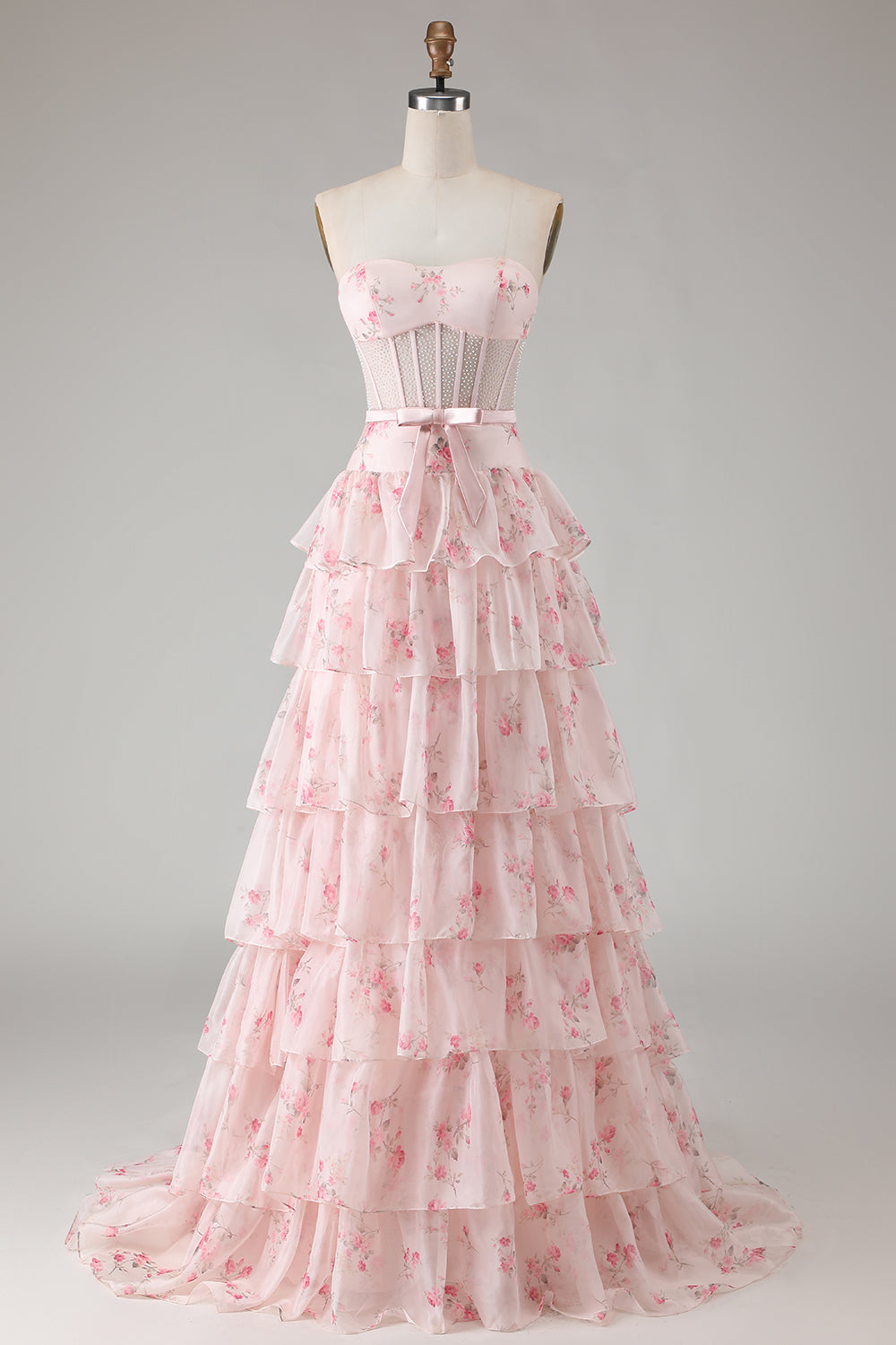 Yellow Blue Floral Strapless Corset A Line Prom Dress - Image 17