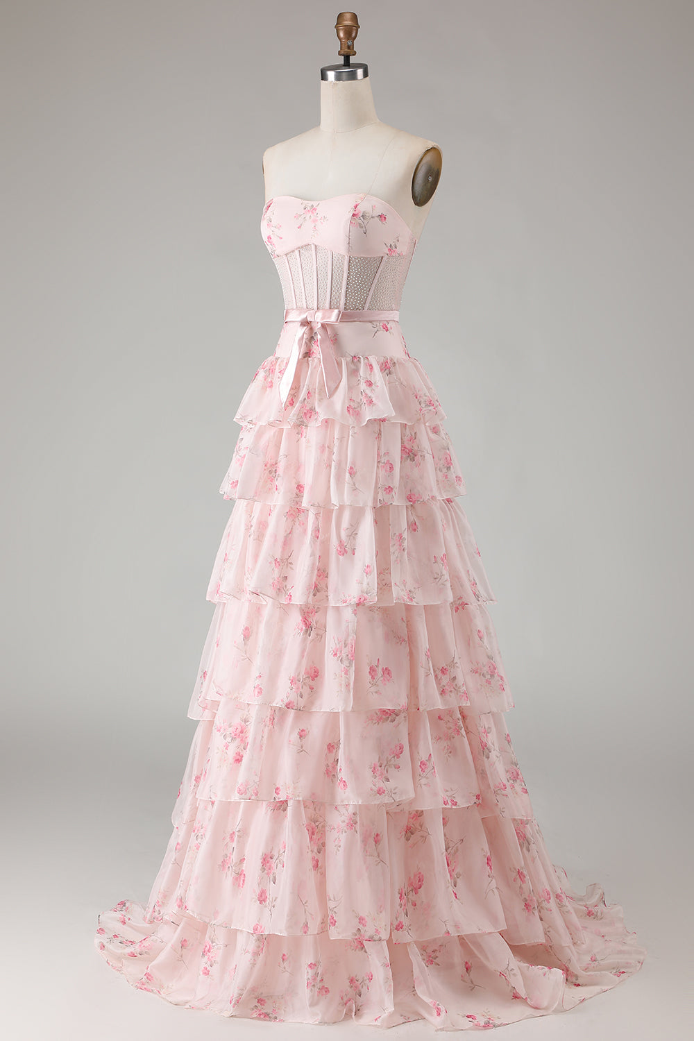 Yellow Blue Floral Strapless Corset A Line Prom Dress - Image 21