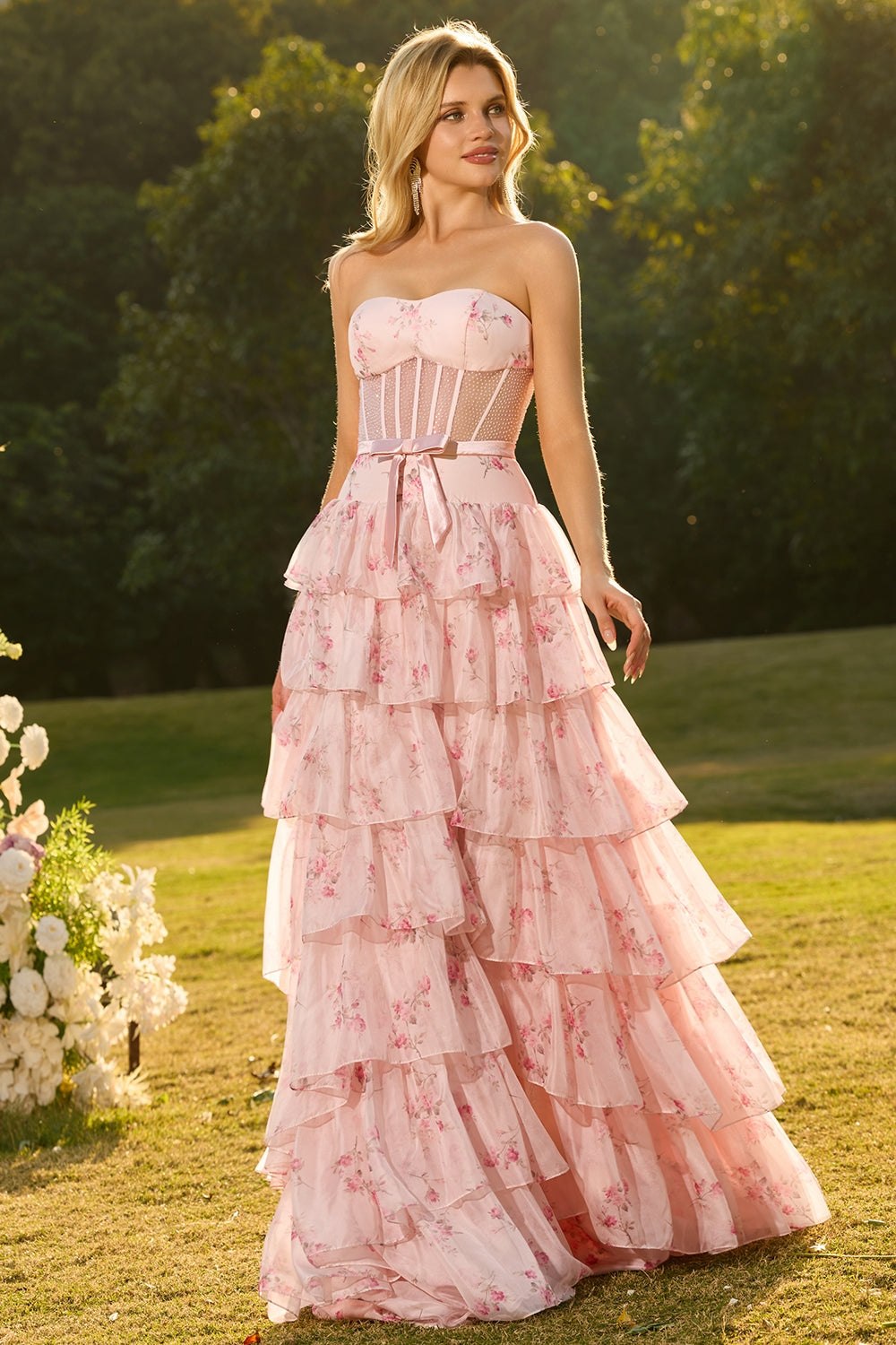 Yellow Blue Floral Strapless Corset Tiered Prom Dress - Image 20