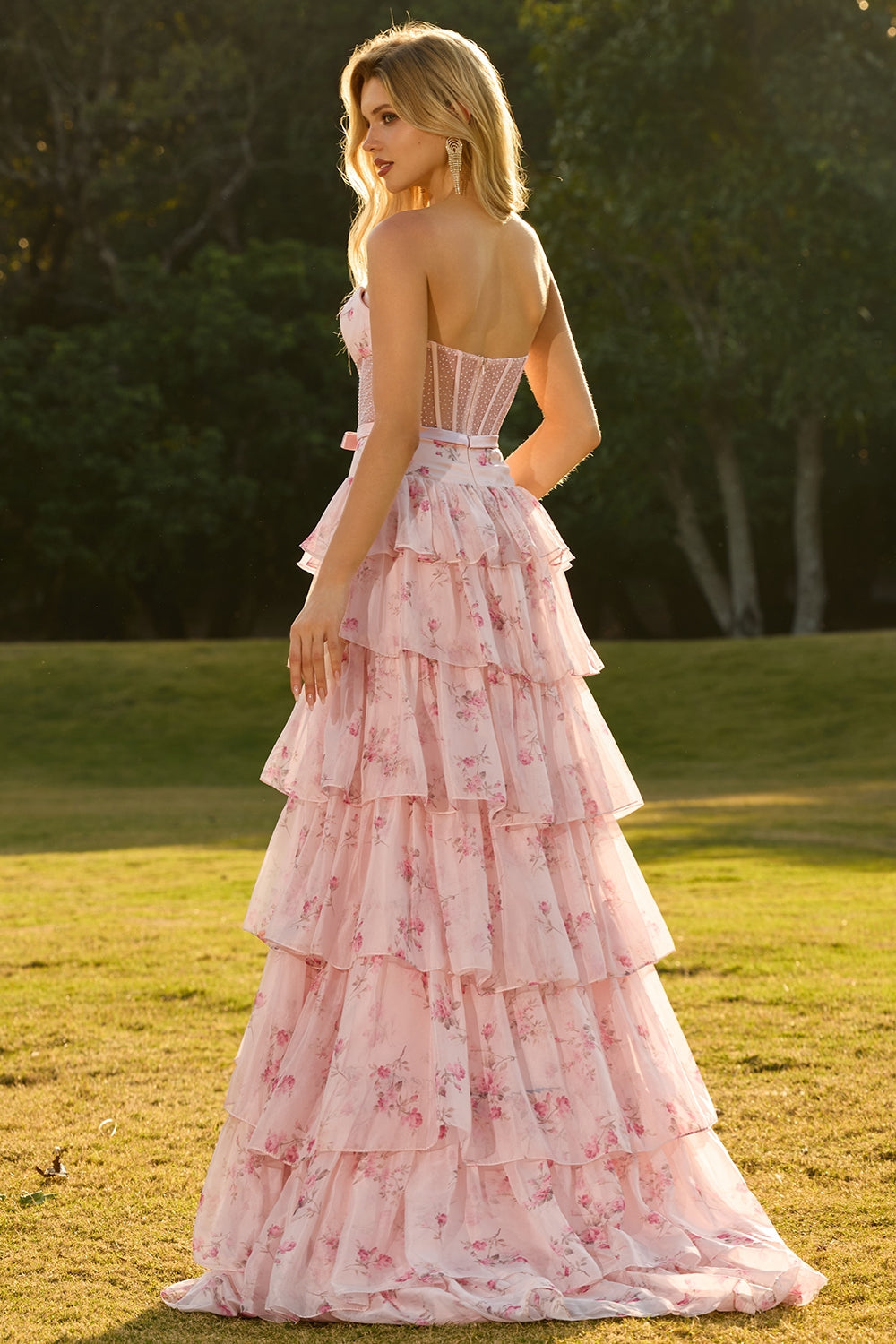 Yellow Blue Floral Strapless Corset A Line Prom Dress - Image 20