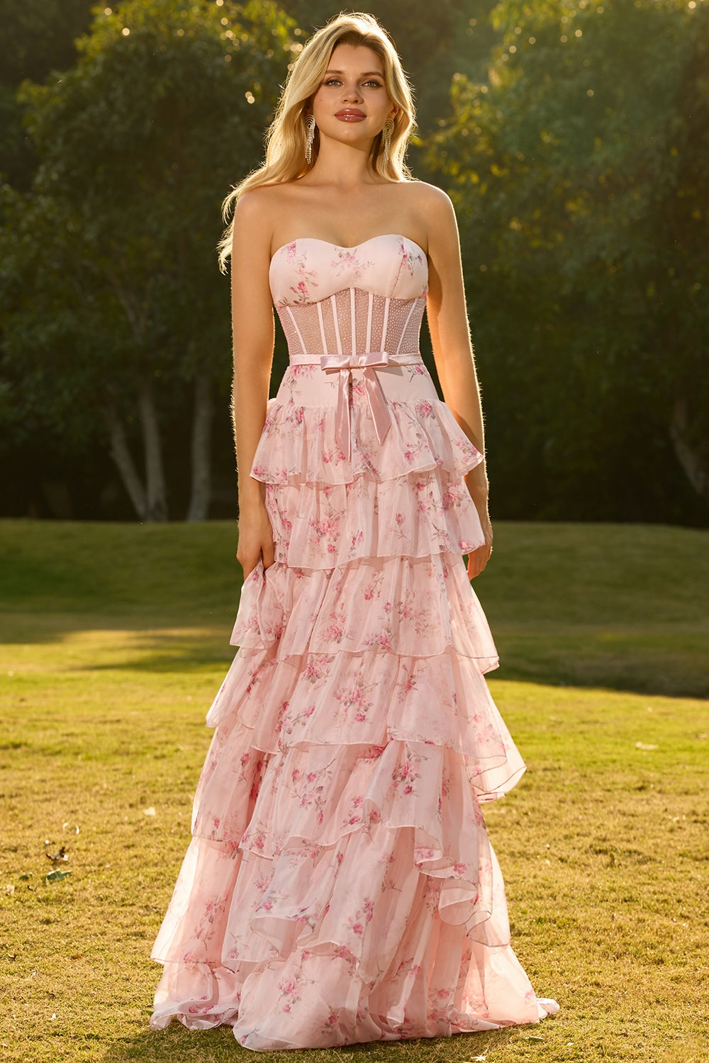 Yellow Blue Floral Strapless Corset A Line Prom Dress - Image 19