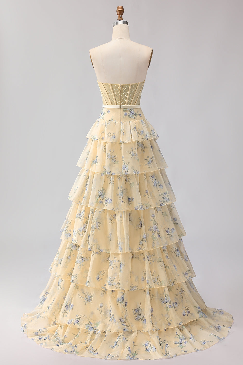 Yellow Blue Floral Strapless Corset A Line Prom Dress - Image 2