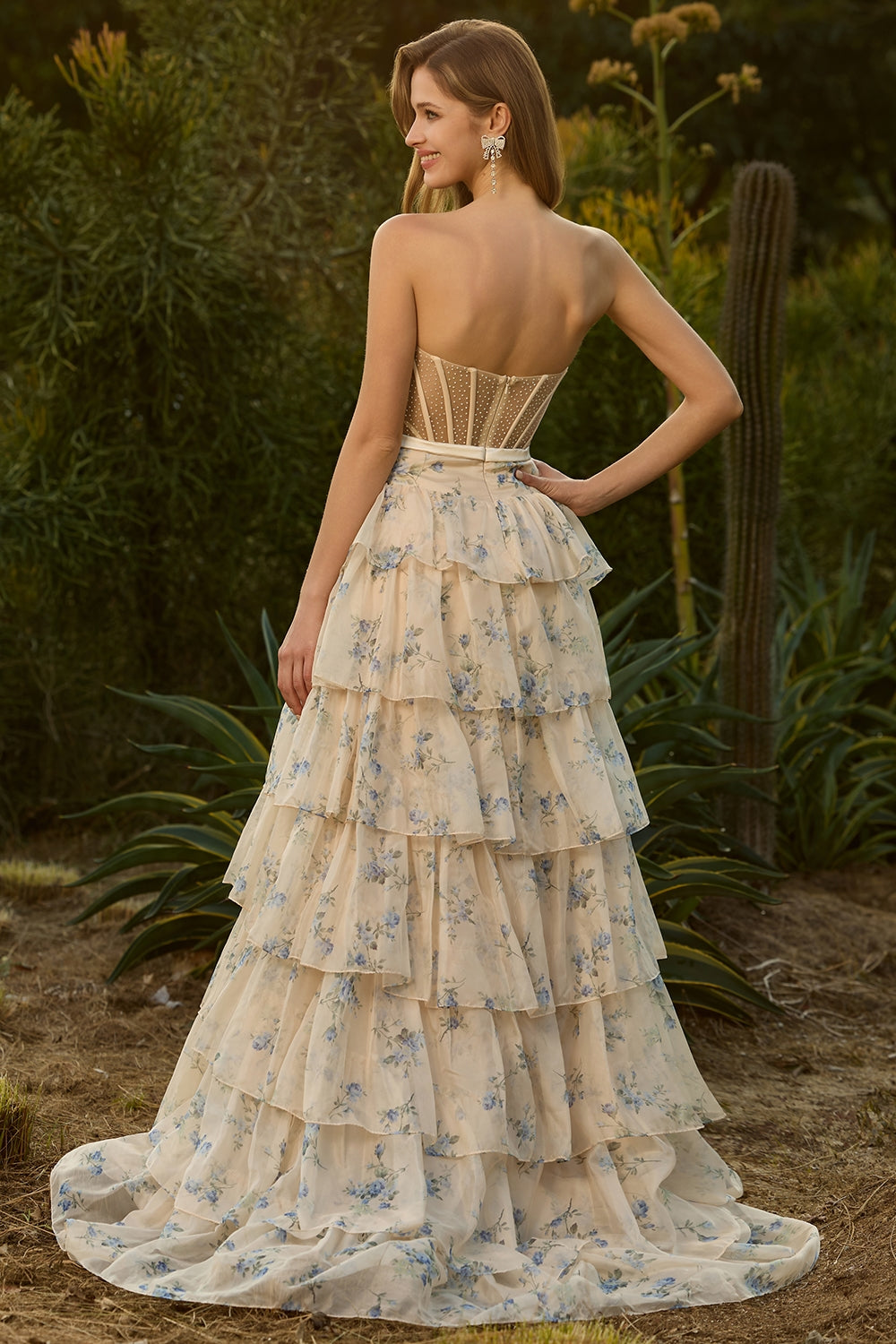 Yellow Blue Floral Strapless Corset A Line Prom Dress - Image 4