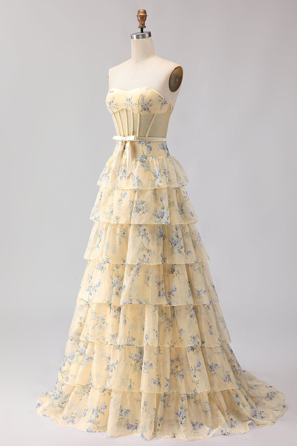 Yellow Blue Floral Strapless Corset A Line Prom Dress - Image 5