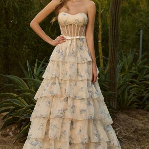 Yellow Blue Floral Strapless Corset Tiered Prom Dress