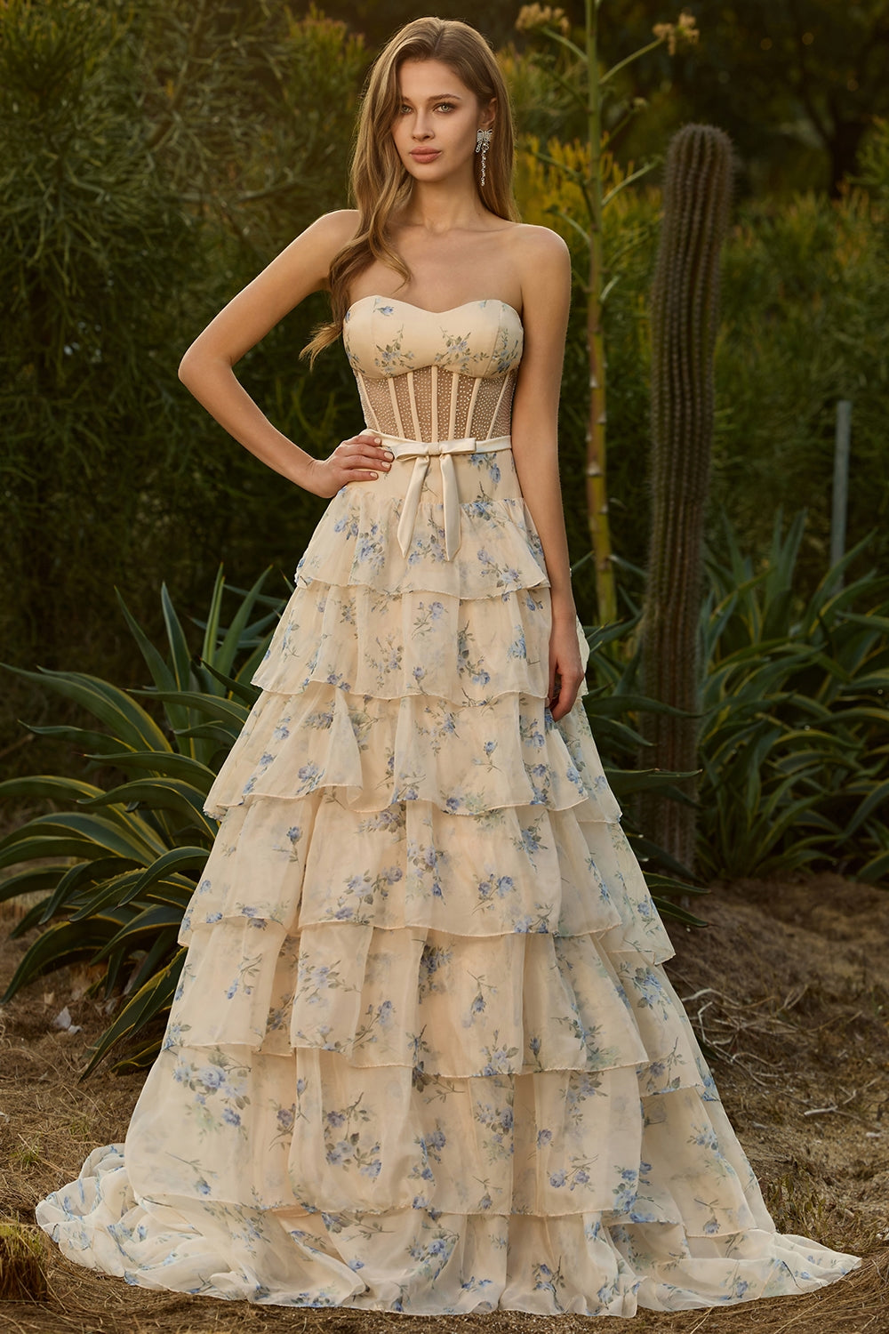 Yellow Blue Floral Strapless Corset A Line Prom Dress - Image 3