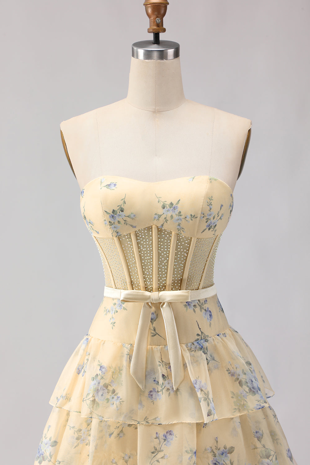 Yellow Blue Floral Strapless Corset A Line Prom Dress - Image 8
