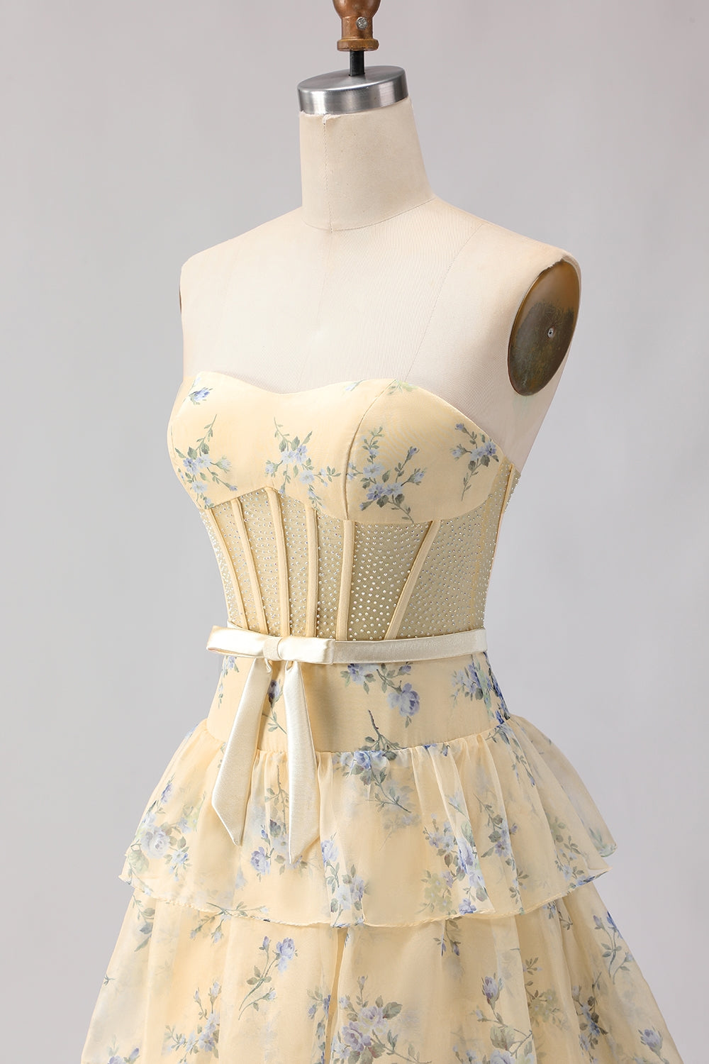 Yellow Blue Floral Strapless Corset A Line Prom Dress - Image 6