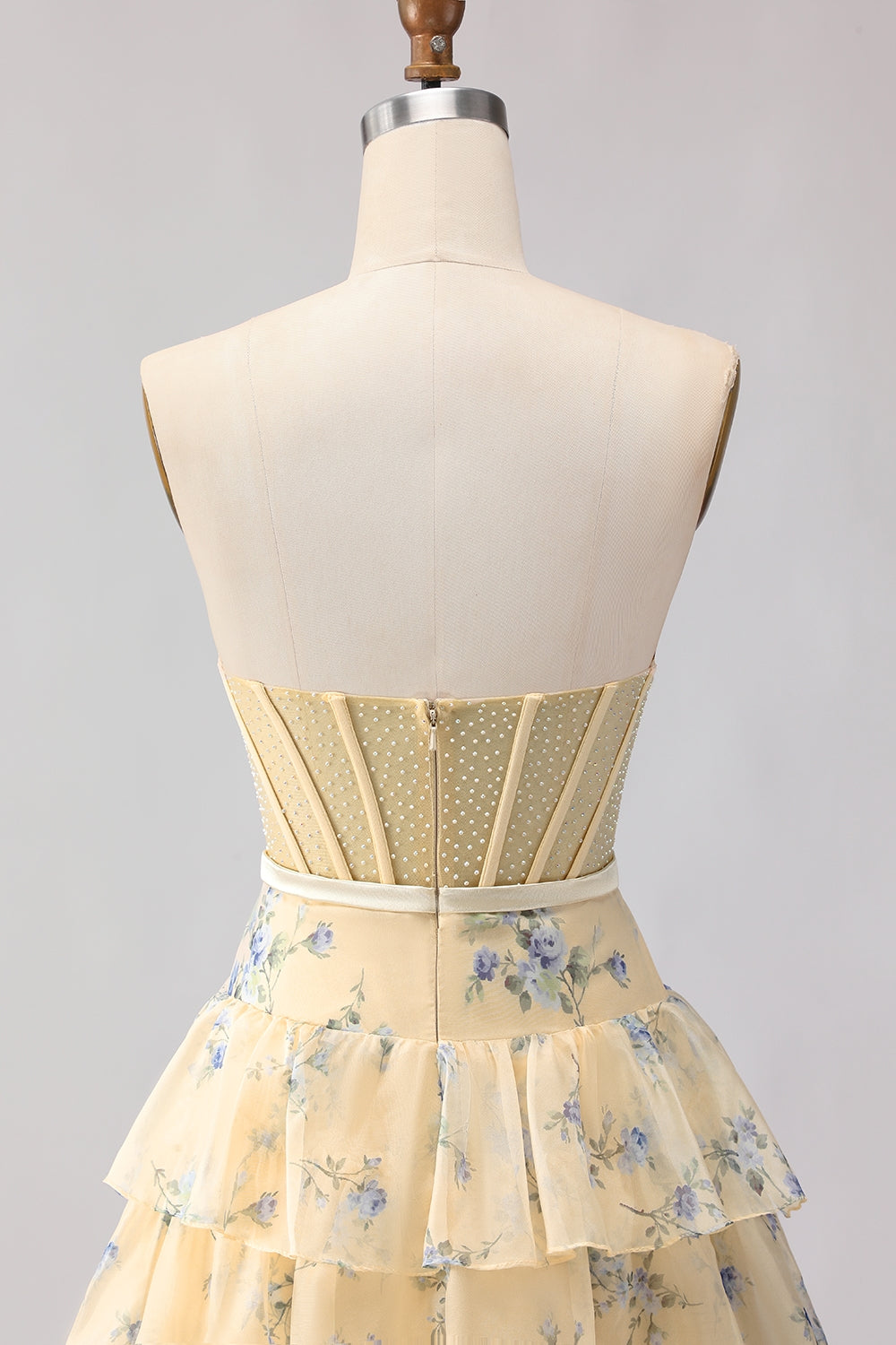 Yellow Blue Floral Strapless Corset A Line Prom Dress - Image 7