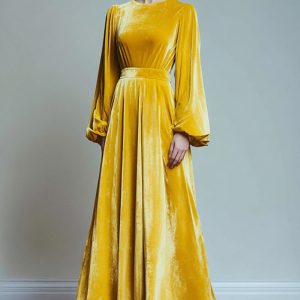 Yellow Velvet A-Line Holiday Dress with Long Sleeves
