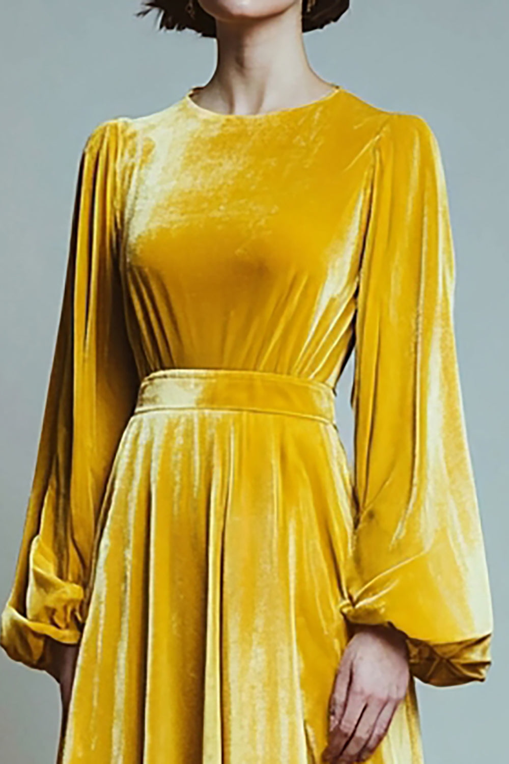 Yellow Velvet A-Line Holiday Dress with Long Sleeves - Image 2