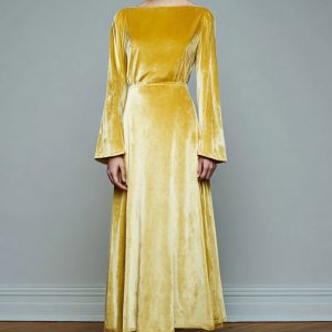 Yellow A-Line Velvet Long Sleeve Holiday Party Dress