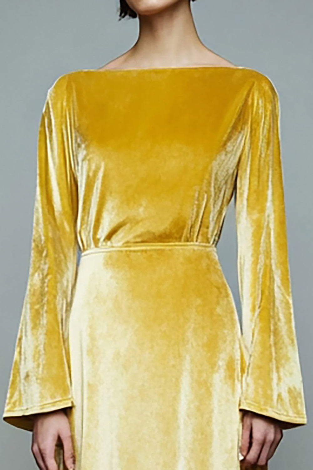 Yellow A-Line Velvet Long Sleeve Holiday Party Dress - Image 3