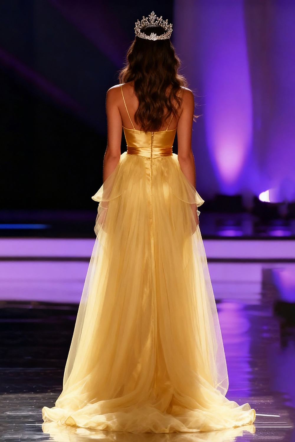 Yellow Mermaid Spaghetti Straps Maxi Pageant Dress with Overlay - Image 2