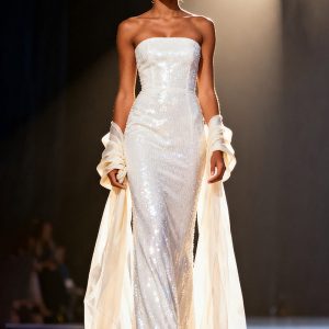 White Strapless Mermaid Sequin Maxi Pageant Dress With Drape