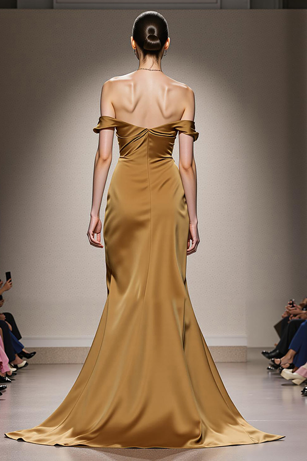 Yellow Off The Shoulder Satin Mermaid Evening Dress - Image 2