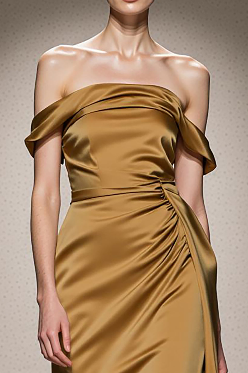 Yellow Off The Shoulder Satin Mermaid Evening Dress - Image 3