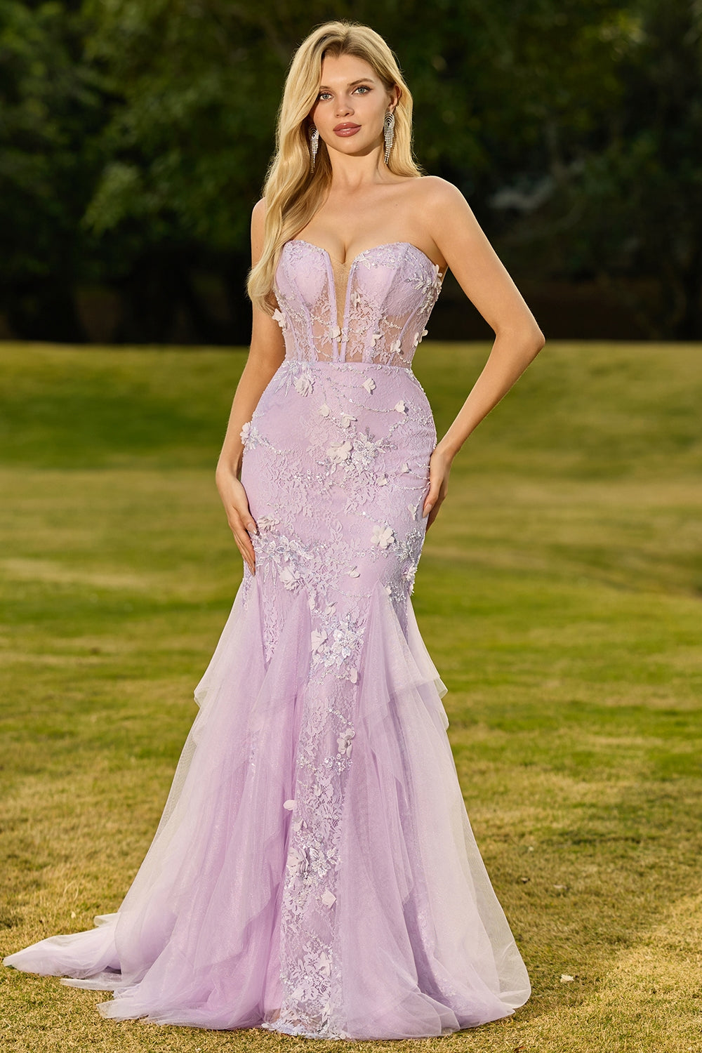 Yellow Strapless Corset Mermaid Prom Dress with 3D Flowers - Image 9