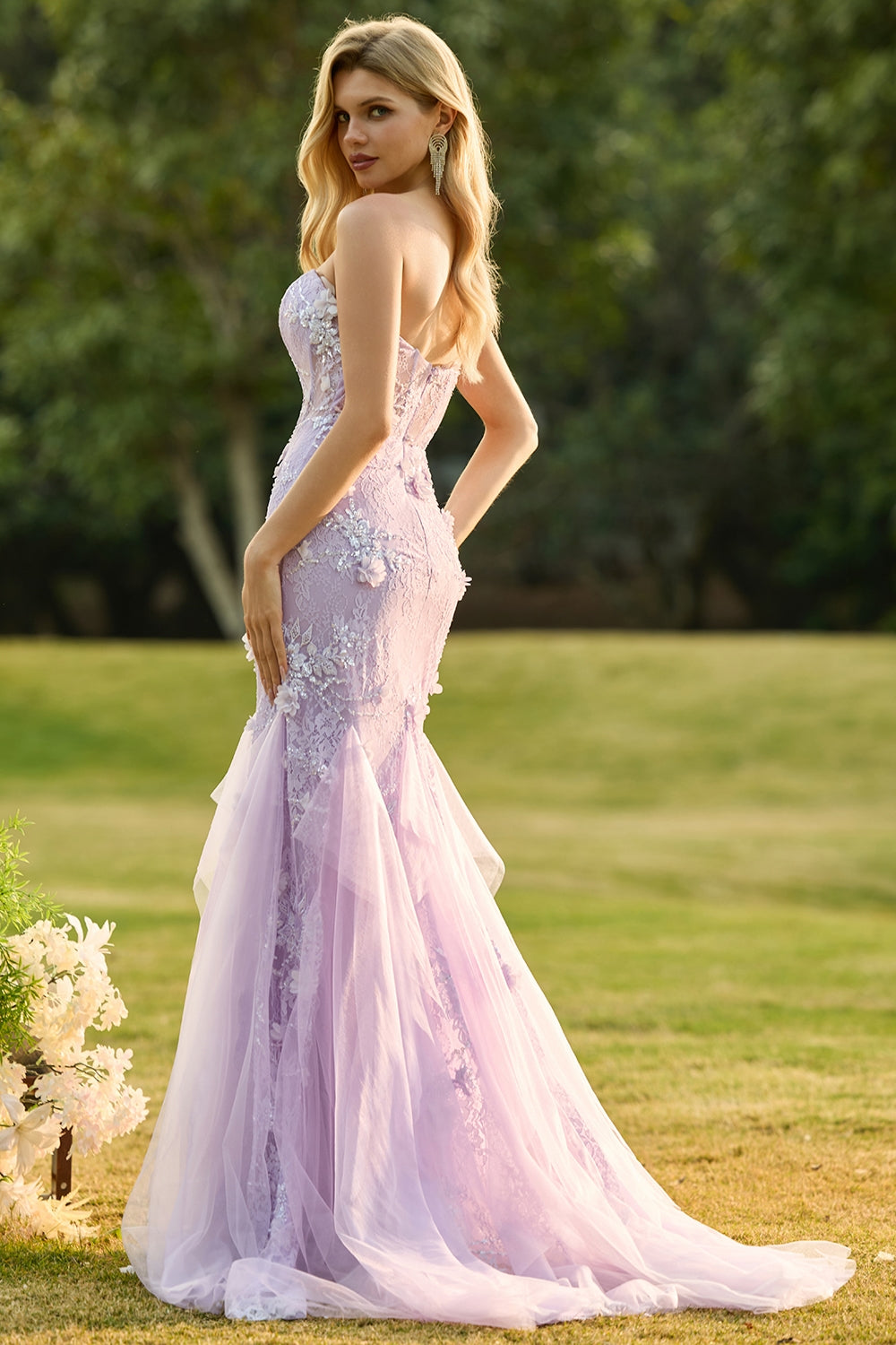Yellow Strapless Corset Mermaid Prom Dress with 3D Flowers - Image 10