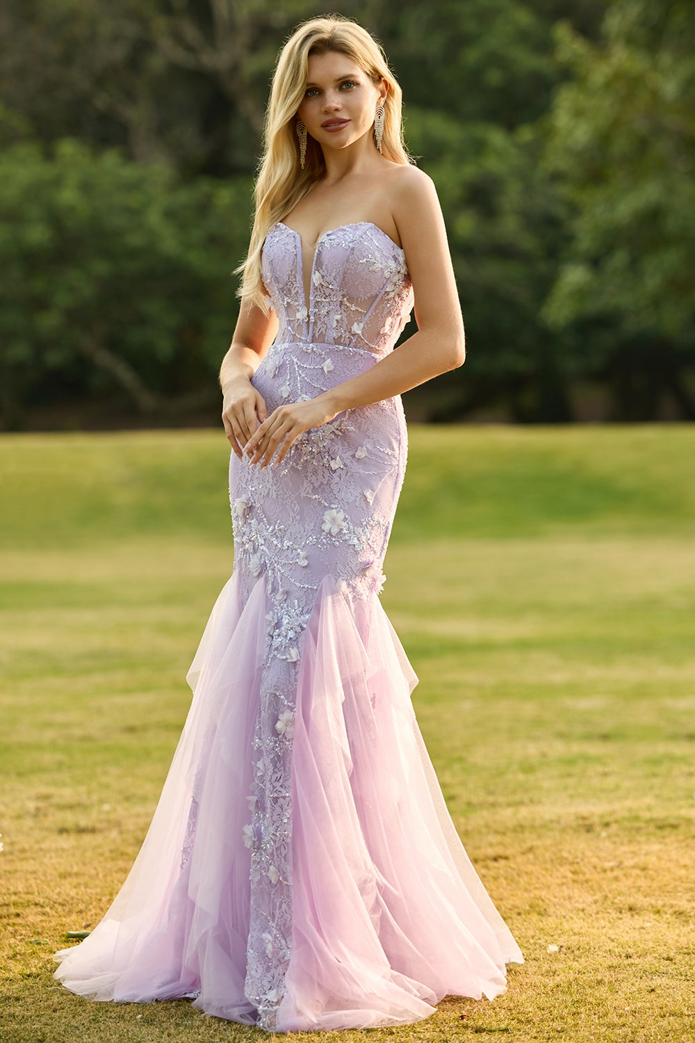 Yellow Strapless Corset Mermaid Prom Dress with 3D Flowers - Image 11