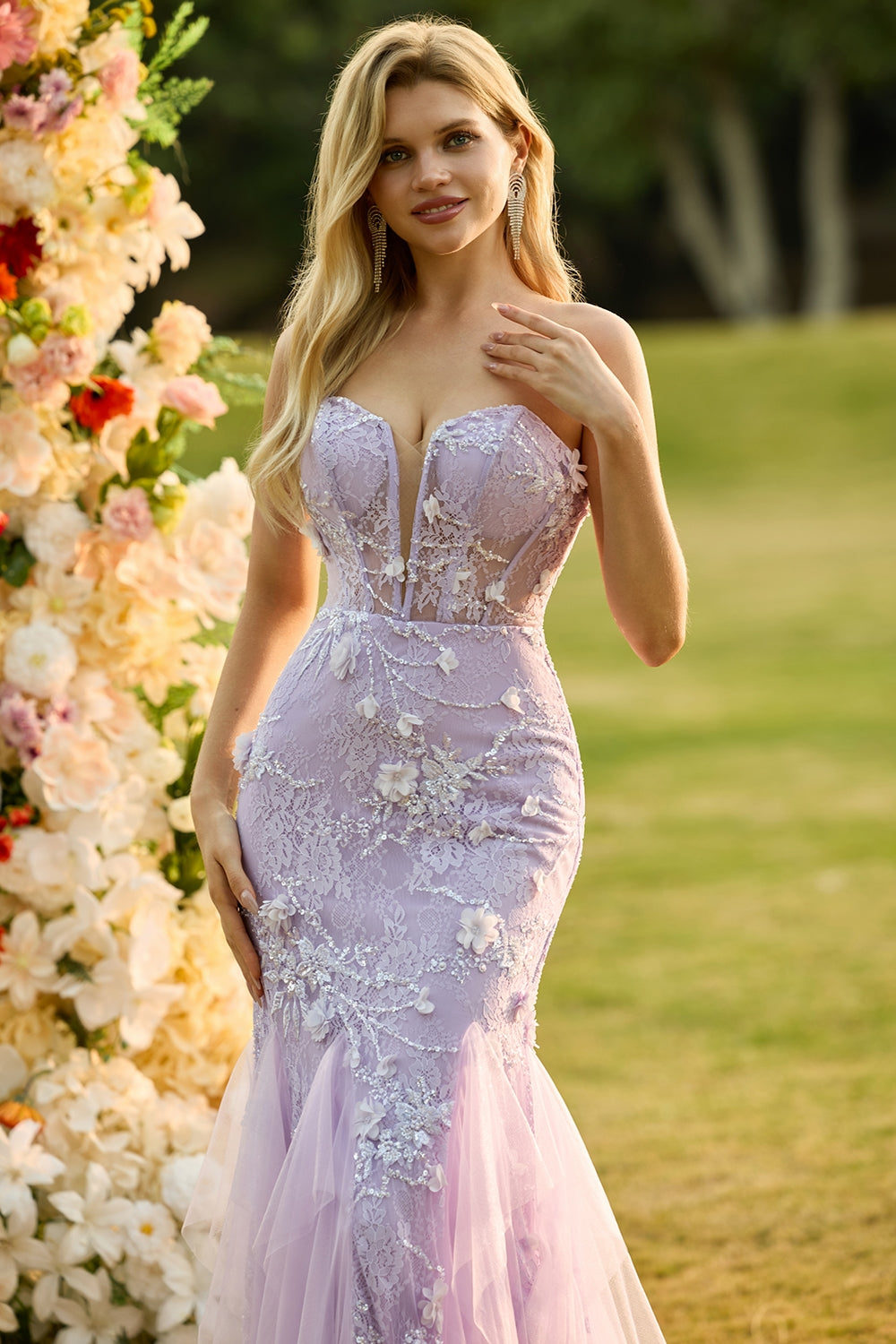Yellow Strapless Corset Mermaid Prom Dress with 3D Flowers - Image 14