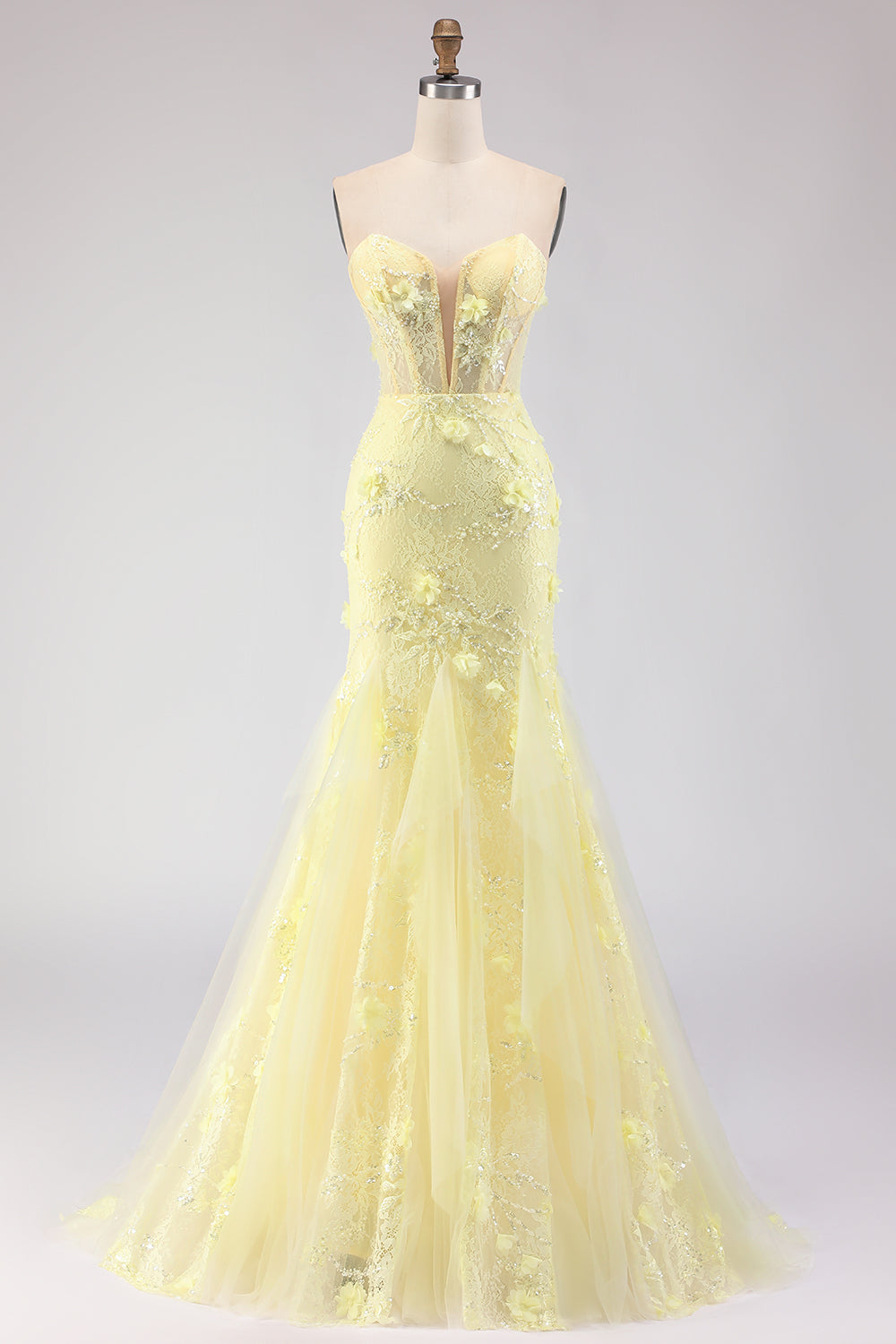Yellow Strapless Corset Mermaid Prom Dress with 3D Flowers - Image 7