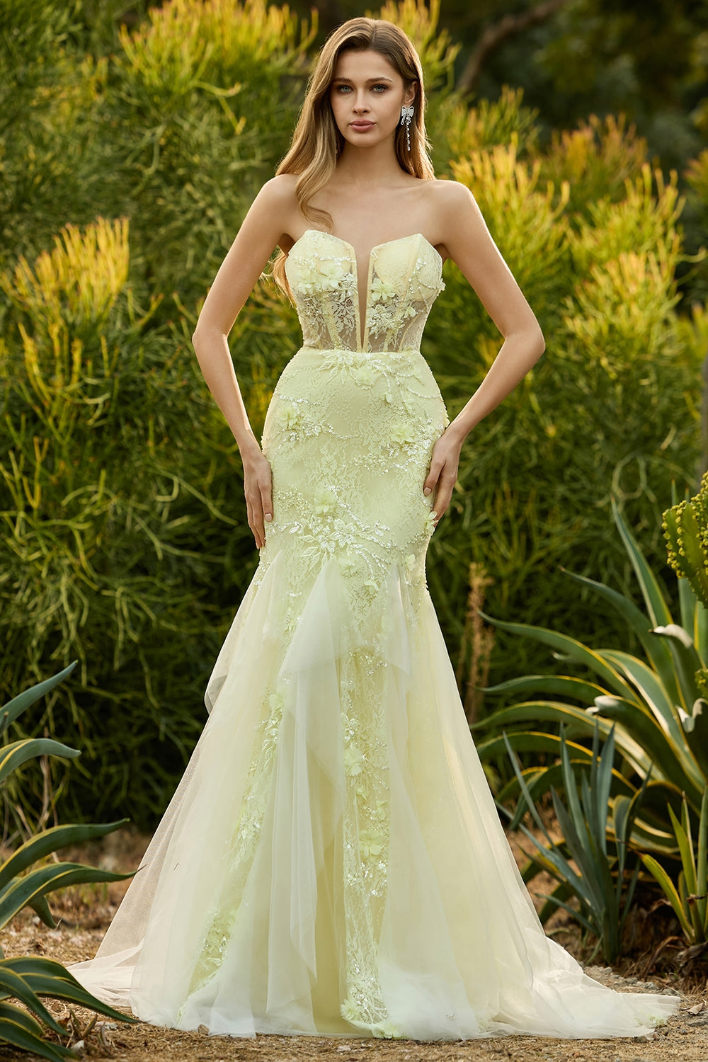Yellow Strapless Corset Mermaid Prom Dress with 3D Flowers - Image 3