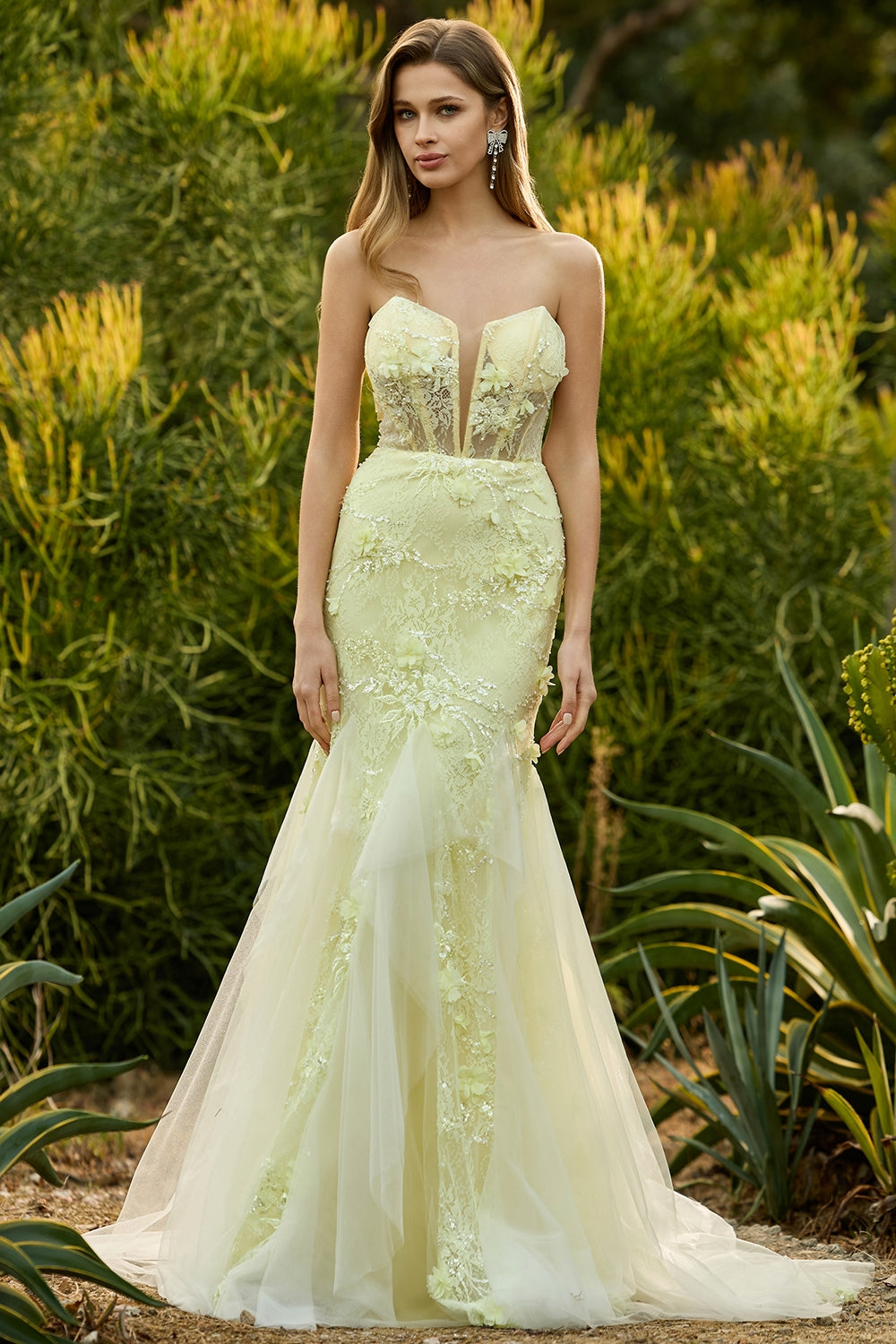 Yellow Strapless Corset Mermaid Prom Dress with 3D Flowers - Image 5