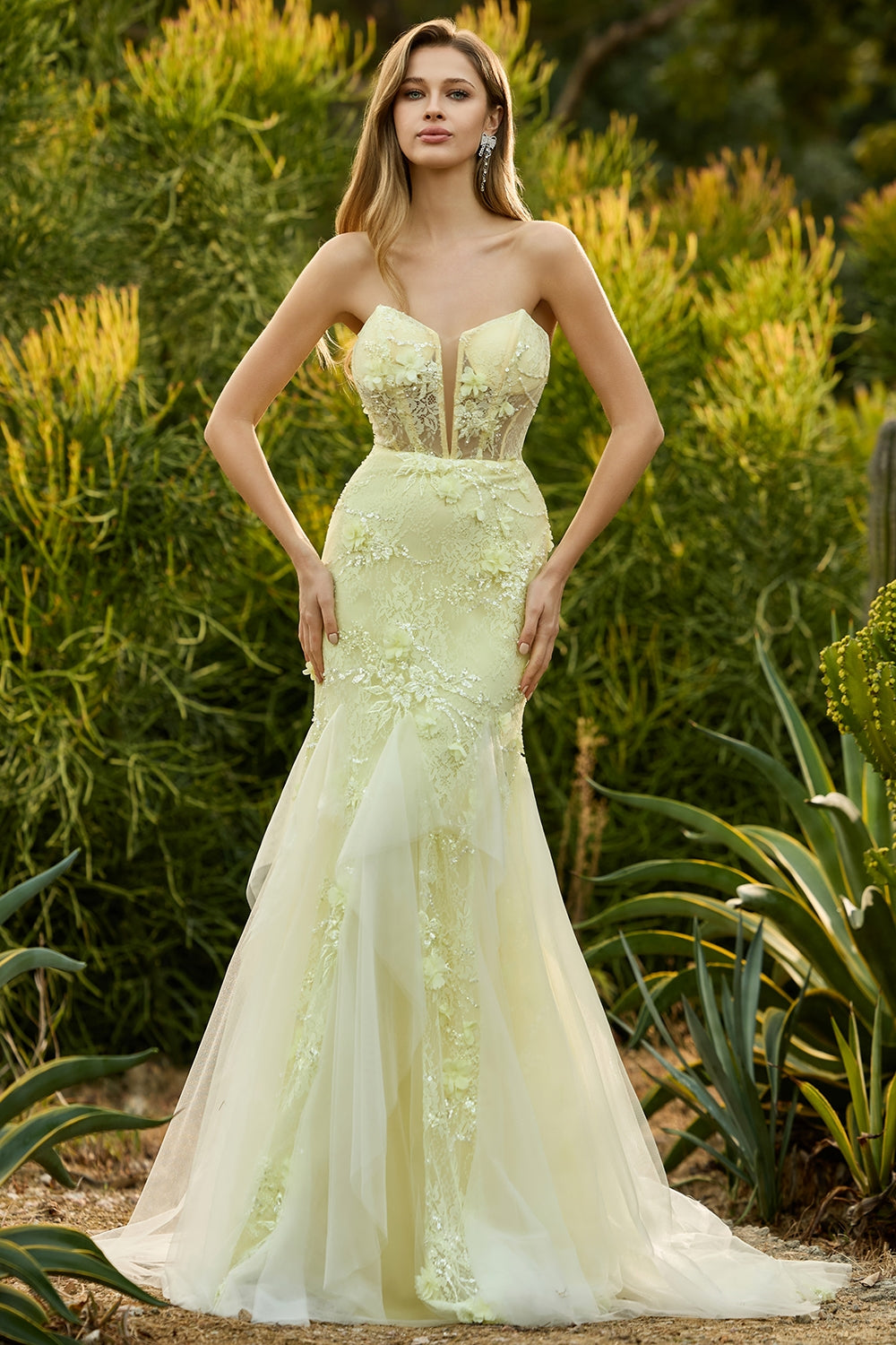 Yellow Strapless Corset Mermaid Prom Dress with 3D Flowers - Image 4