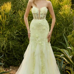 Yellow Strapless Corset Mermaid Prom Dress with 3D Flowers