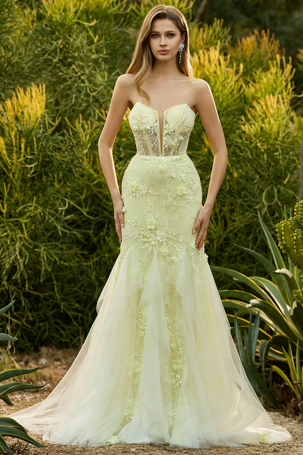 Yellow Strapless Corset Mermaid Prom Dress with 3D Flowers