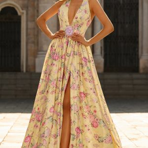 Yellow Pink Floral Halter A Line Maxi Prom Dress
