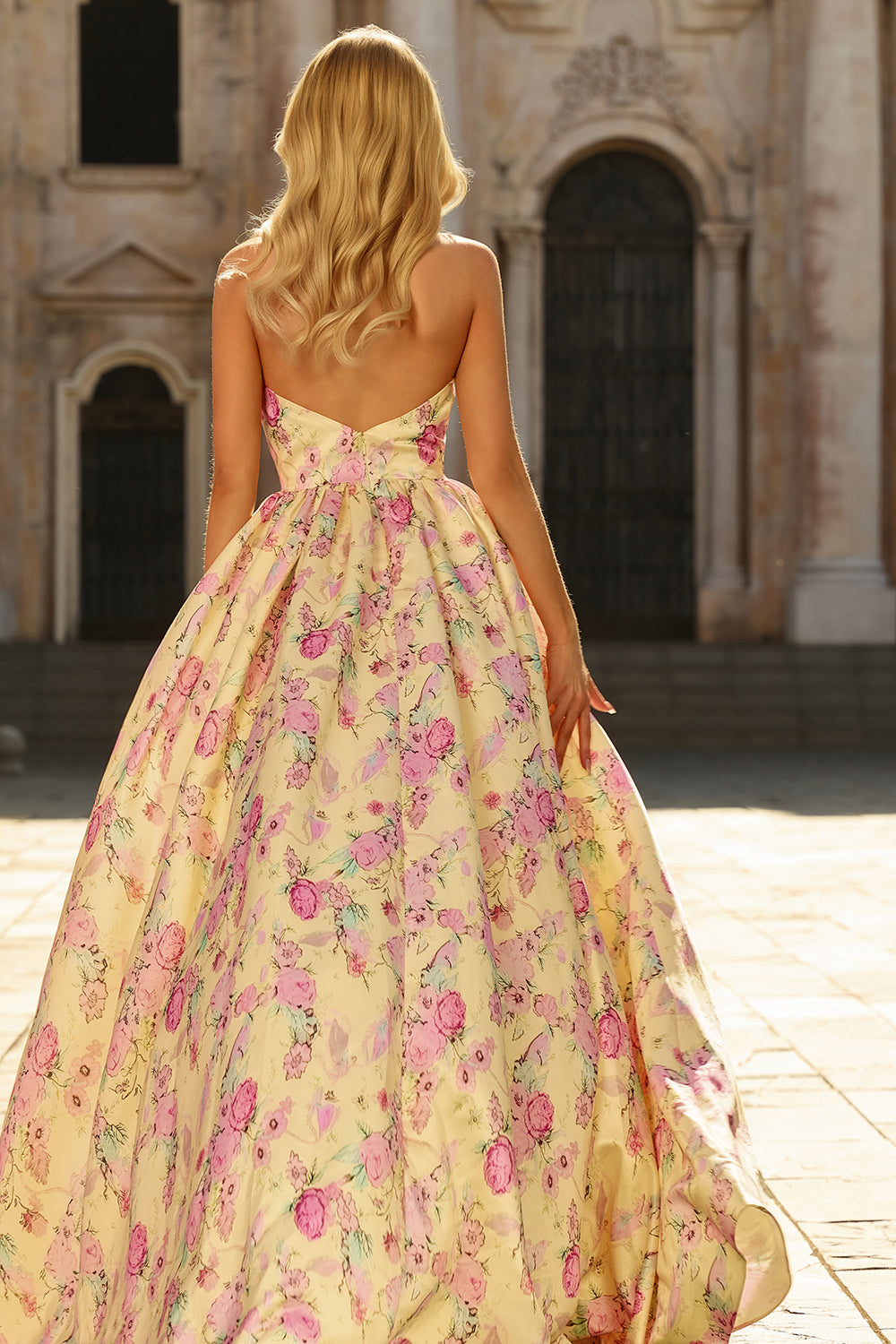 Yellow Pink Floral Halter A Line Maxi Prom Dress - Image 2