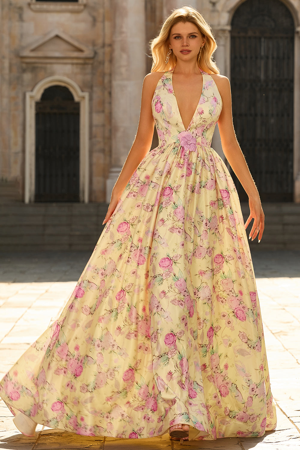 Yellow Pink Floral Halter A Line Maxi Prom Dress - Image 4