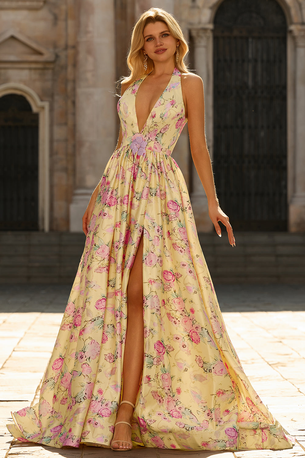 Yellow Pink Floral Halter A Line Maxi Prom Dress - Image 3