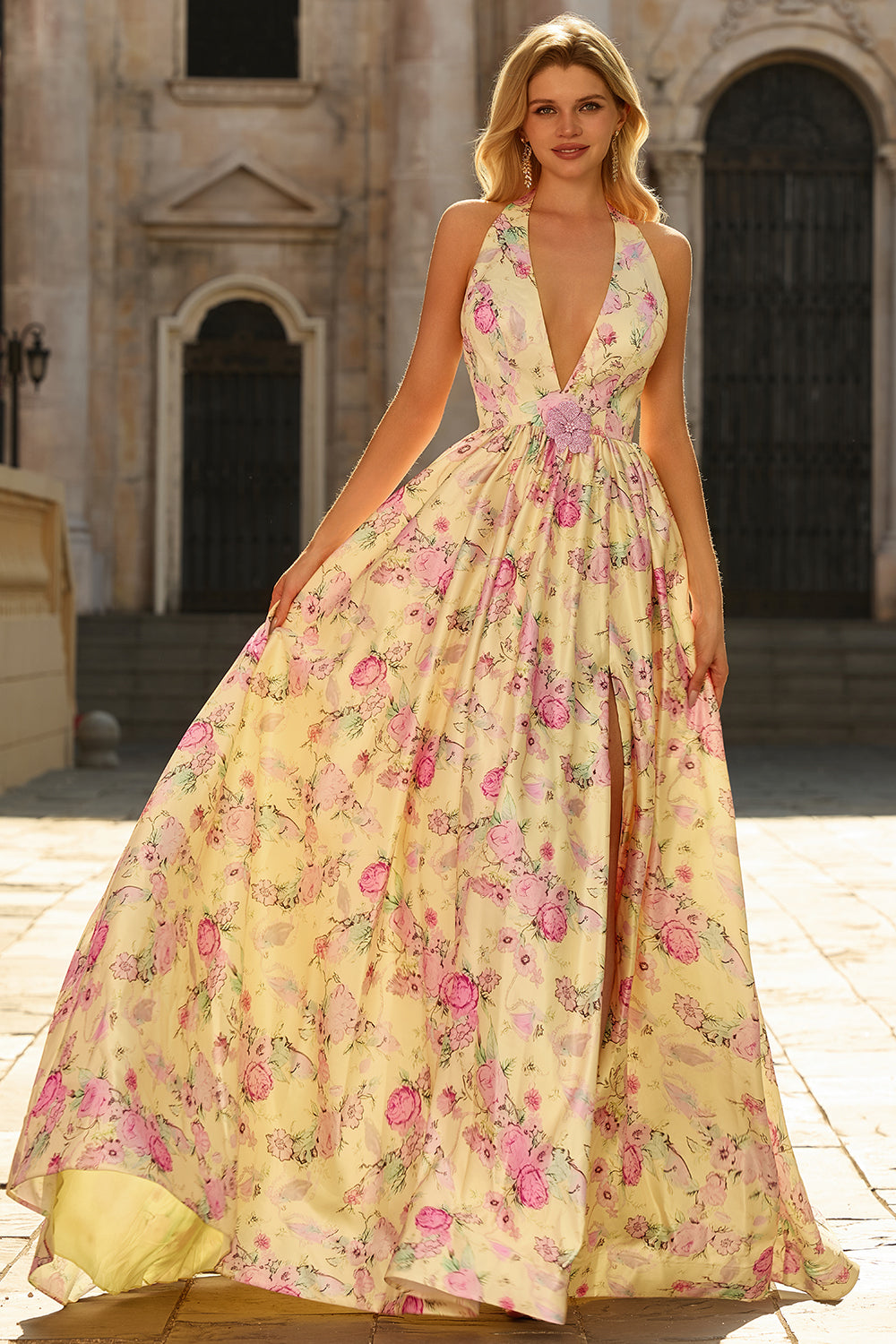 Yellow Pink Floral Halter A Line Maxi Prom Dress - Image 5