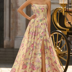Yellow Pink Floral Strapless Corset A Line Prom Dress