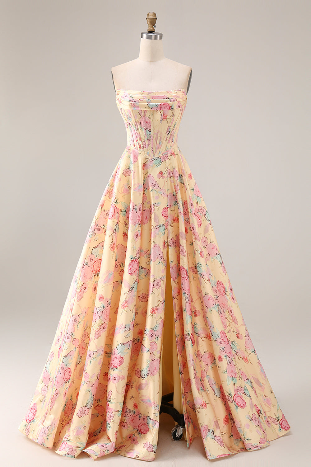 Yellow Pink Floral Strapless Corset A Line Prom Dress - Image 8
