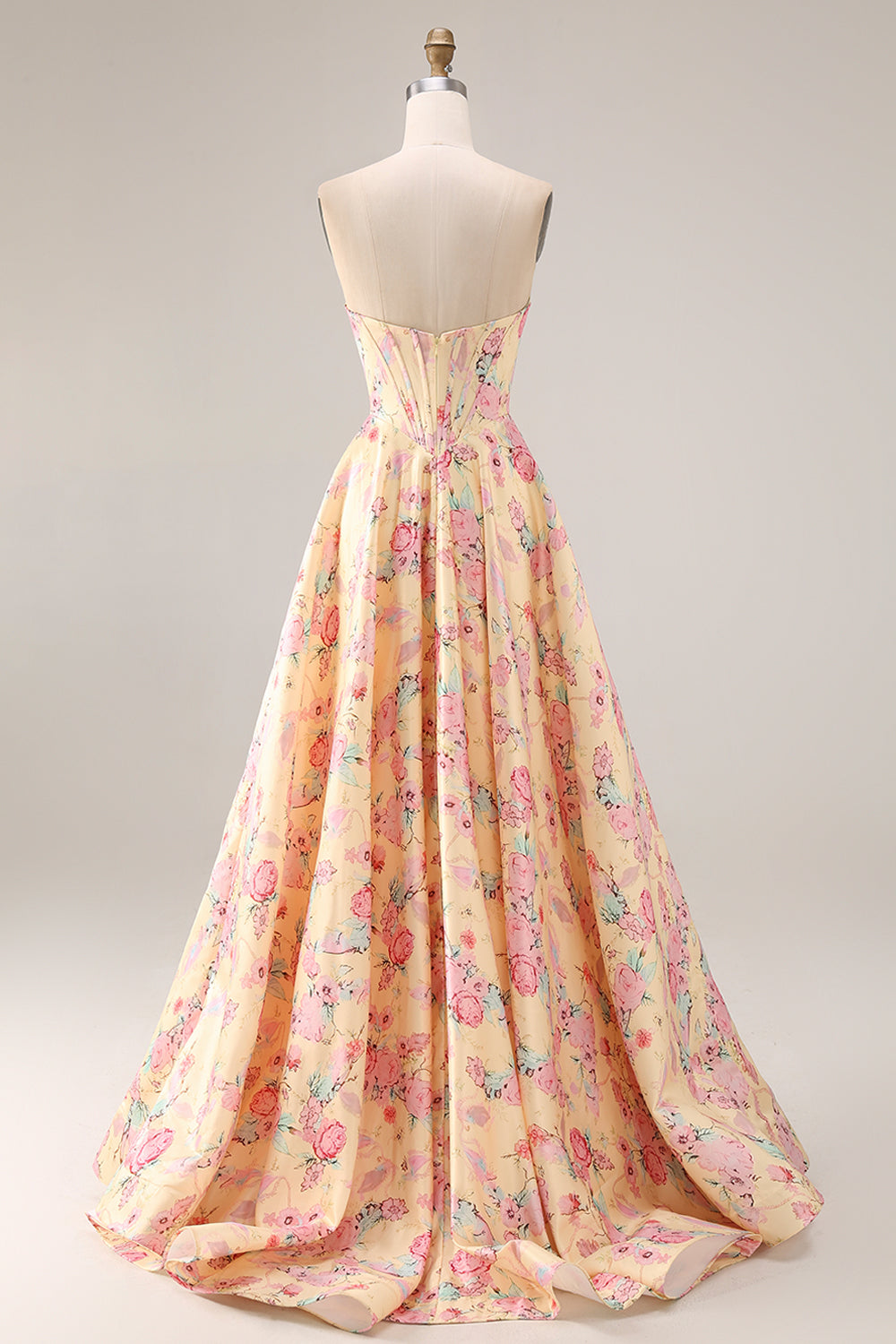 Yellow Pink Floral Strapless Corset A Line Prom Dress - Image 9