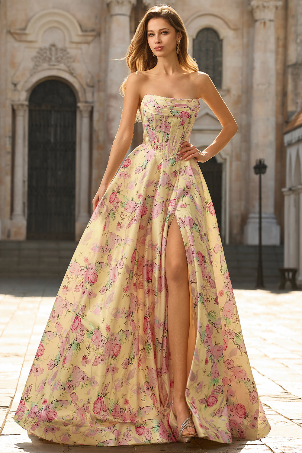 Yellow Pink Floral Strapless Corset A Line Prom Dress - Image 4